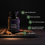 A bottle of Somaag Ashwa Gandha capsules displayed on a dark surface with dried roots and powder, alongside marketing callouts that read 'Safe & effective', 'Pure & potent', '10% Withanolides', 'Ayurvedic & AYUSH Ministry Certified', and 'Lab tested'.