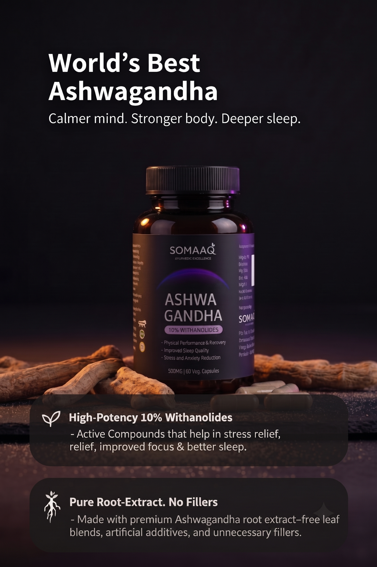 A bottle of Somaag Ashwa Gandha herbal supplement displayed on a dark background with wood props. The bottle has a black cap and a dark purple label with white and gold text.
